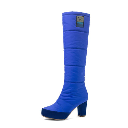 Thick-Heeled Down Fabric Warm Snow Boots Waterproof Platform Blue Casual Knee-Length Boots Red Winter Ladies Shoes