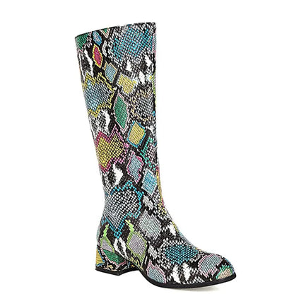 Plus Size Winter Boots Women's All-Match Shoes Thick Heel Snake Print PU Knee-Length Boots Warm Knight Boots