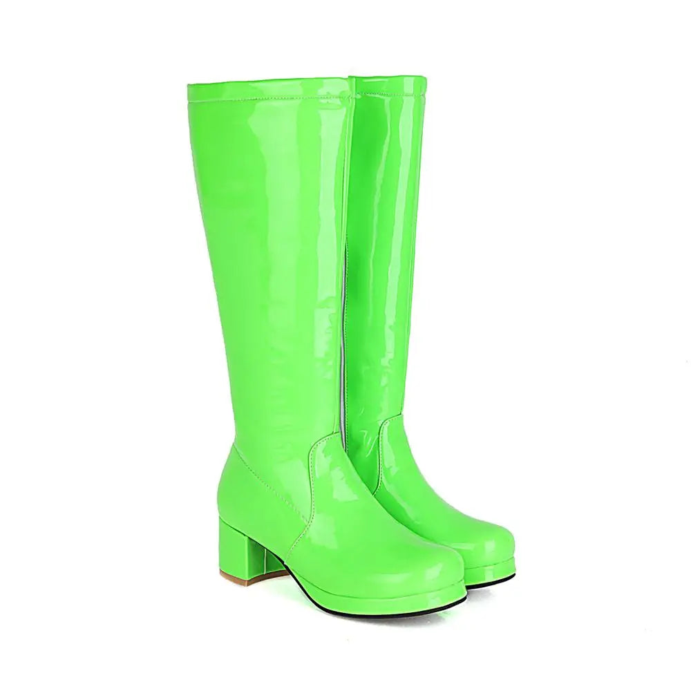 Patent Leather Fluorescent Green Lolita Style Women's Boots PU Thick Heel Mirror Color Side Zipper Knee-Length Boots