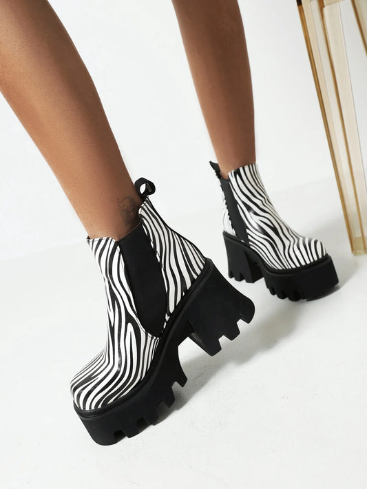 Cow Pattern Super Thick Bottom Color Matching Women's Ankle Boots Zebra Pattern High Waterproof Platform Elastic Band Foot Shoes