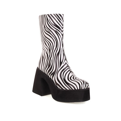 Zebra Pattern Super High Waterproof Platform Horseshoe Heel Women's Street Shoes Thick-Soled Increased Cow Pattern Mid-Top Boots