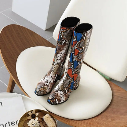 Plus Size Winter Boots Women's All-Match Shoes Thick Heel Snake Print PU Knee-Length Boots Warm Knight Boots