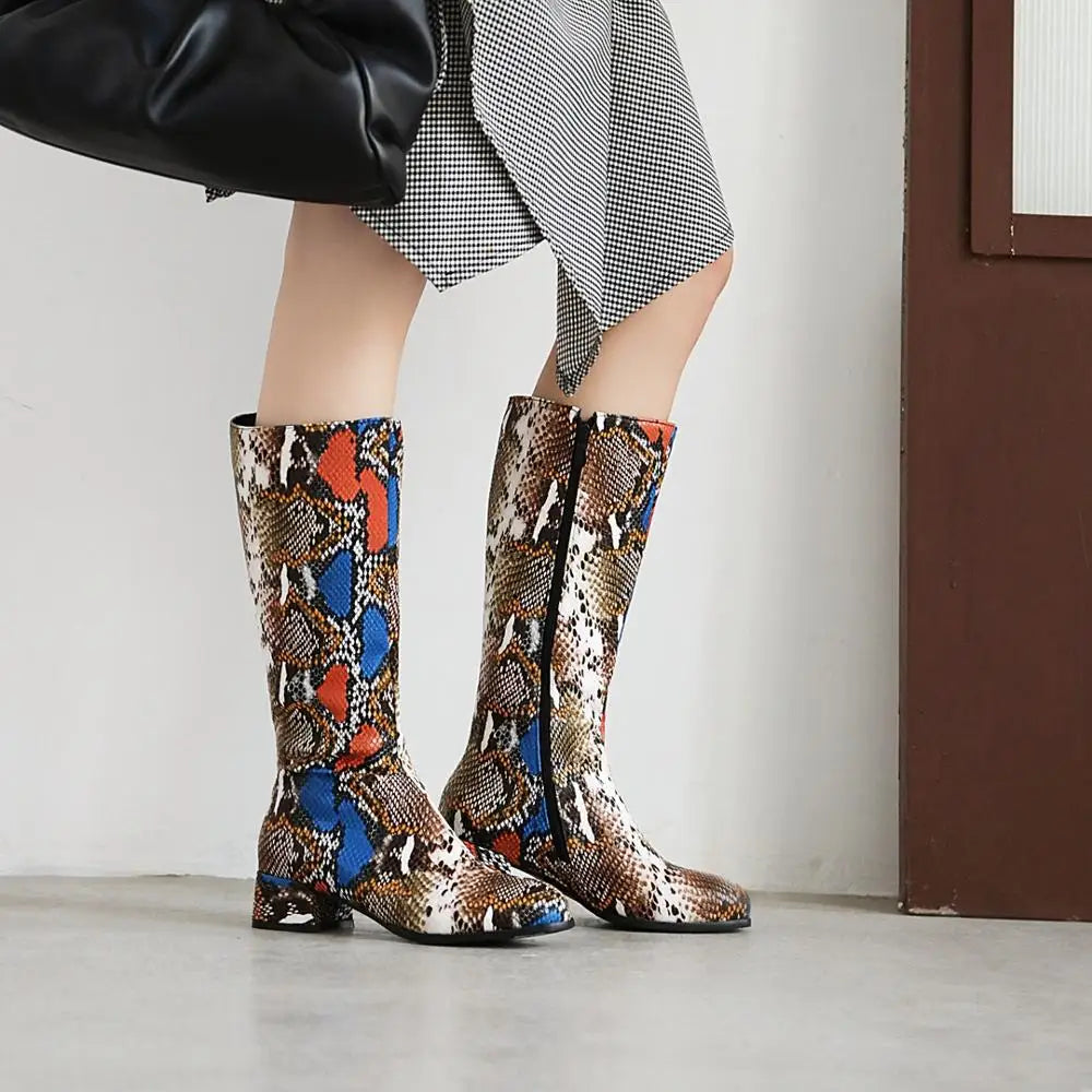 Plus Size Winter Boots Women's All-Match Shoes Thick Heel Snake Print PU Knee-Length Boots Warm Knight Boots