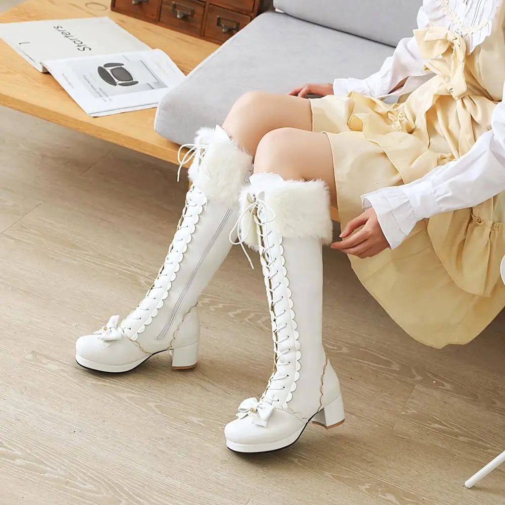 Thick-Heeled Cross-Laced Lolita Style Women's Boots With Artificial Rabbit Fur Trim And Pearl Embellished Wavy Knee-Length Boots