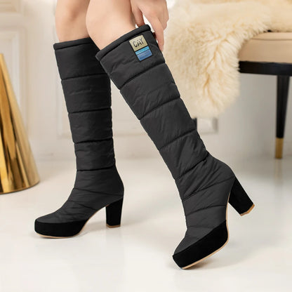 Thick-Heeled Down Fabric Warm Snow Boots Waterproof Platform Blue Casual Knee-Length Boots Red Winter Ladies Shoes