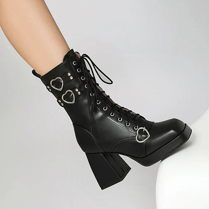 Plus Size Heart-Shaped Metal Buckle Rivet Strap Mid-Tube Boots Square Toe Platform Super Irregular Thick Heel Warm Lace-Up Boots