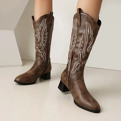 Plus Size Embroidered Pattern Conical Wood Grain Thick Heel Breathable Knee High Boots Side Zipper British Style Western Boots