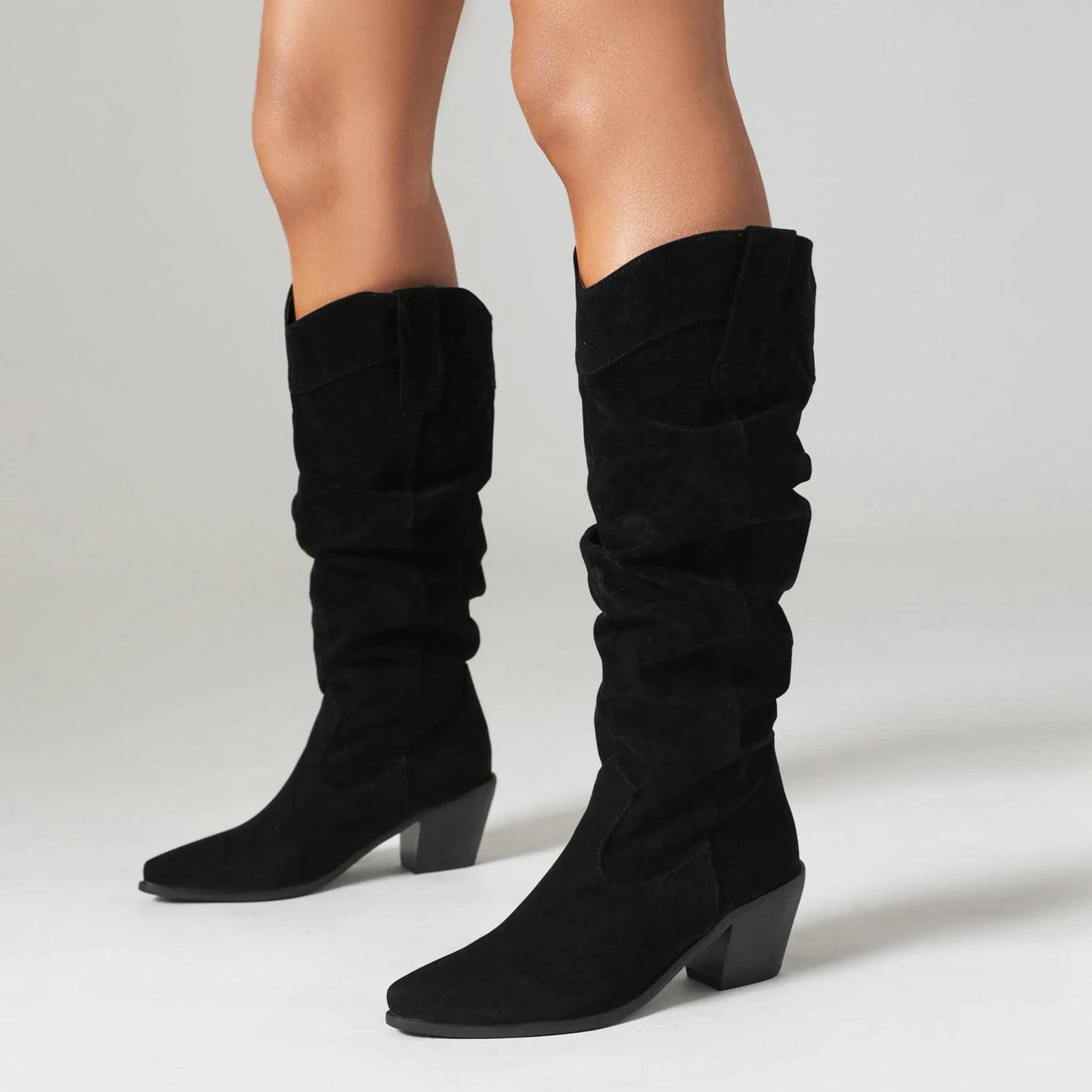 Plus Size Frosted Float Pointed Thick Heeled High Boots With Short Plush Lining For Winter New Slip-On Women's Knee Boots