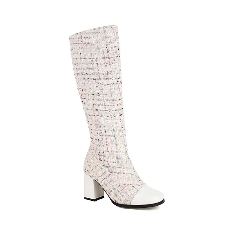 Wool Fabric Splicing Glossy Patent Leather British Style Women's Knee Boots Checkered Stripe Chunky Heel Mixed Colors Zip Boots