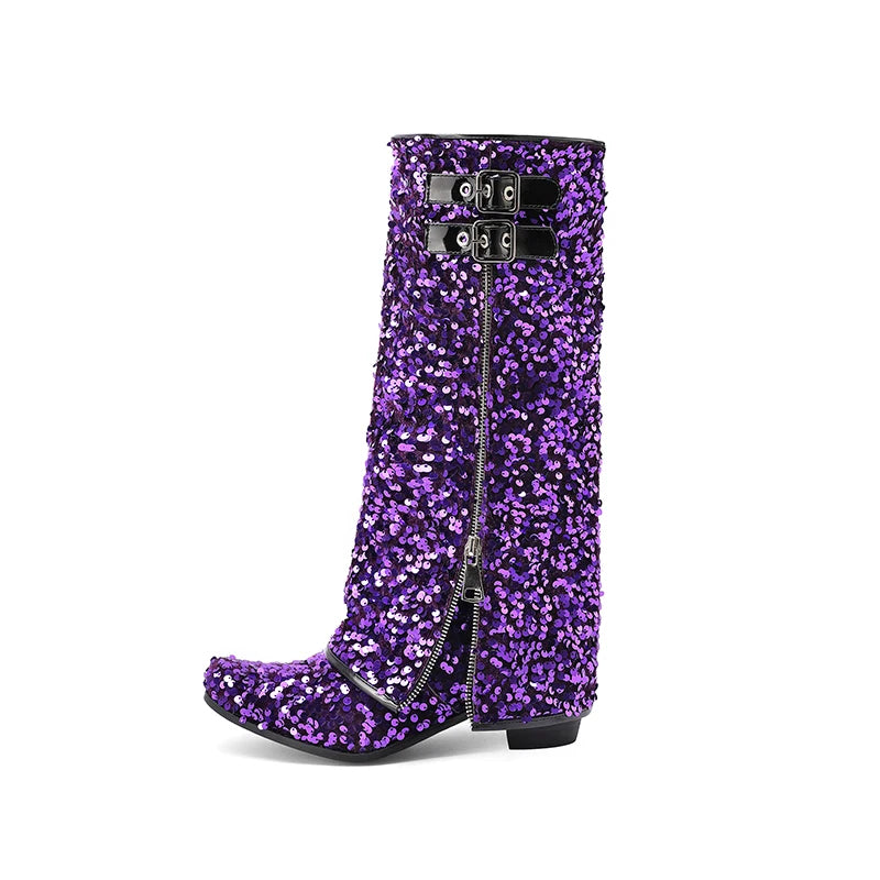 Circle Glitter Flipped Zipper Mid-Calf Boots