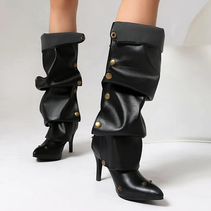 Plus Size Soft PU Inlaid Rivet Tip Ultra High Thin Heel Fashion Knee Boots Punk Folded Breathable Inner Rear Zipper Long Boots