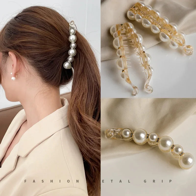 Elegant Pearl Banana Clip Vertical Clip Twist Ponytail Holder Hairpin Hair Clip Claw Clamp Headwear Girls Women Hair Accessories