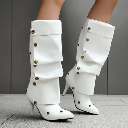 Plus Size Soft PU Inlaid Rivet Tip Ultra High Thin Heel Fashion Knee Boots Punk Folded Breathable Inner Rear Zipper Long Boots