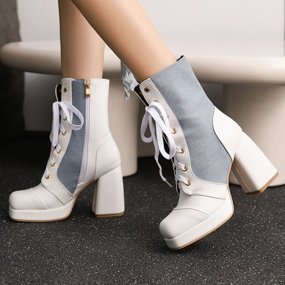 Plus Size Denim Patchwork PU Cross Tie Side Zipper Square Toe Extra High Thick Heel Mid Length Boots Platform Fashion Boots