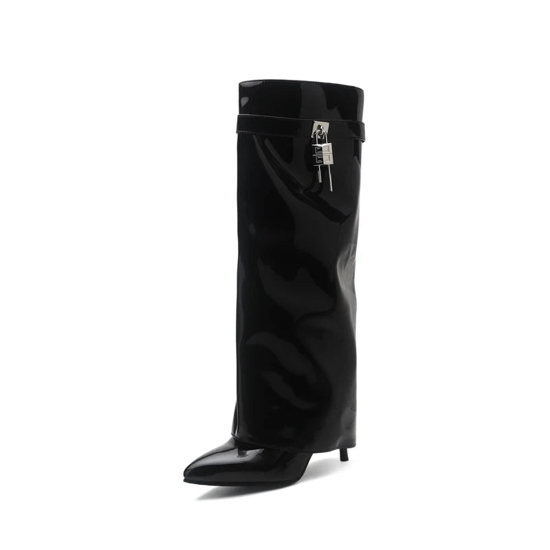 Plus Size Smooth Lacquered Leather Upper Pointed Toe Ultra-High Slim Heel Flipped Side Zipper Fashion Women's Knee High Boots