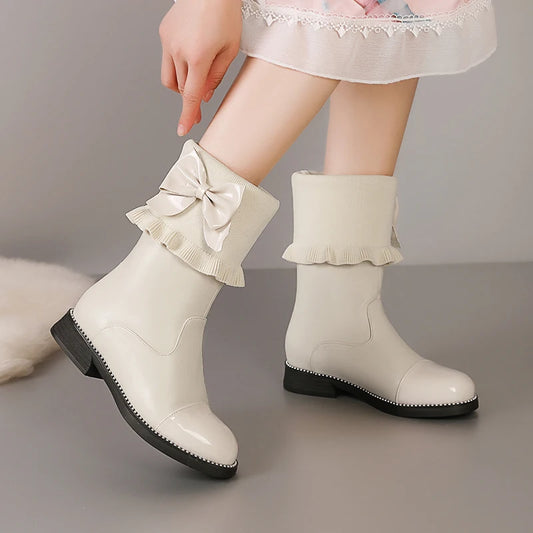 Cute Bow And Ruffled Edge Girls' Short Boots