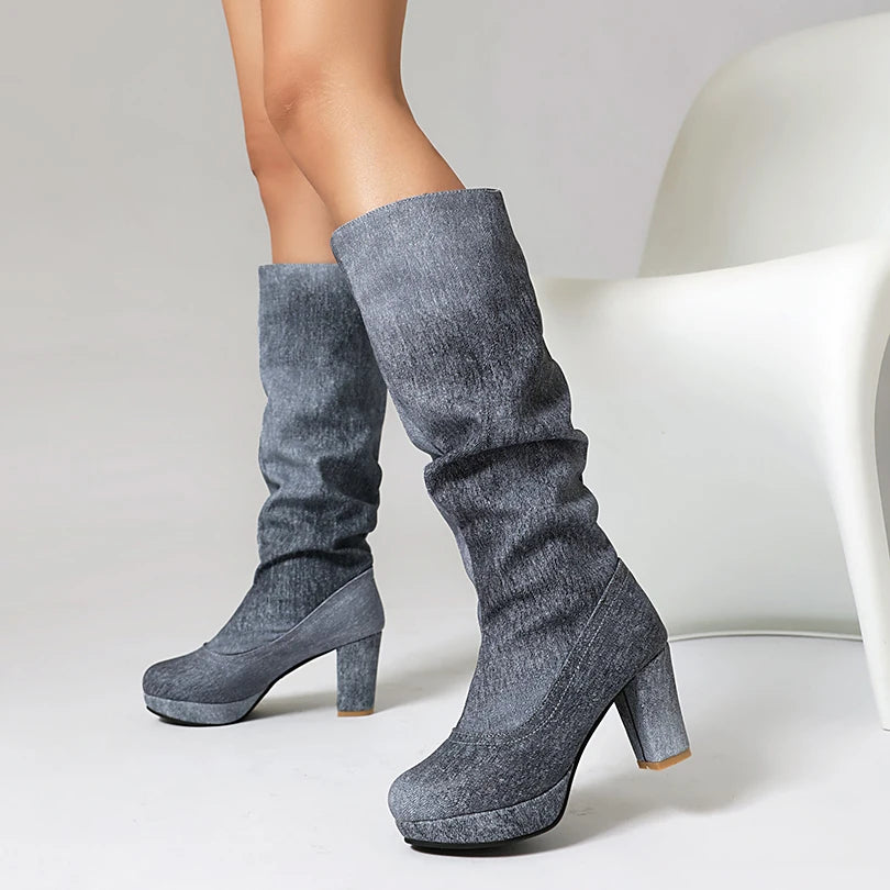 Plus Size Waterproof Round Toe Thick Heel Denim SLIP-ON Women's Knee High Boots Korean Concise Style Warm Winter Boots