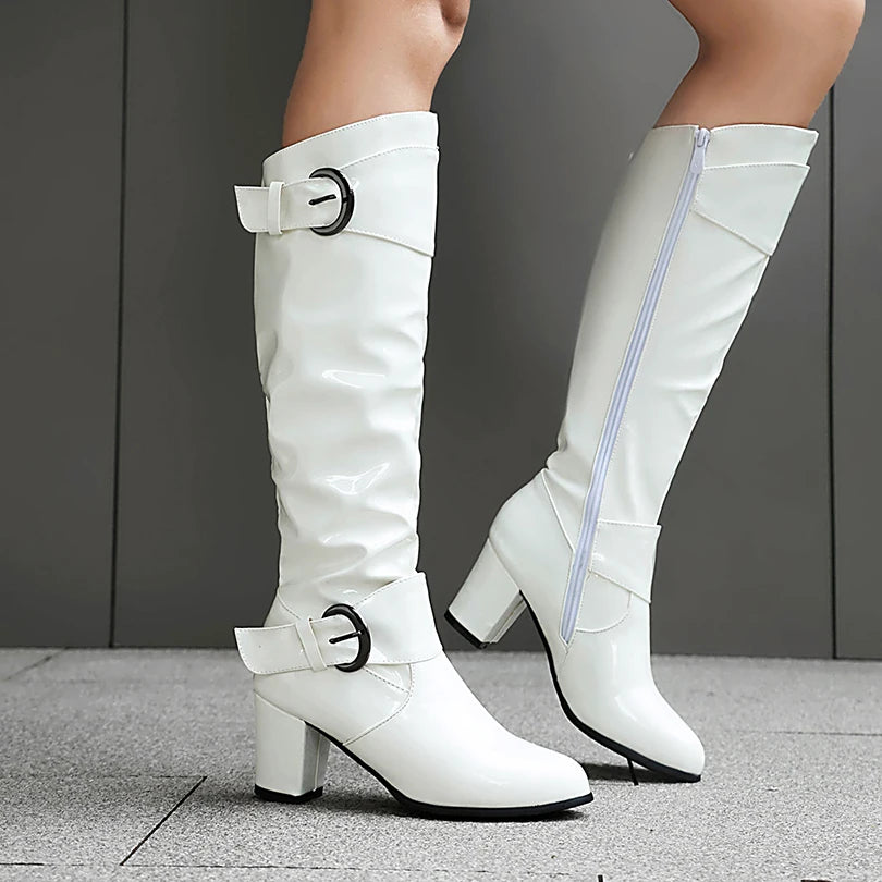 Round Toe Thick Heel Lacquered Leather Upper Side Zipper Knee High Boots Double Row Circular Metal Belt Buckle Breathable Boots