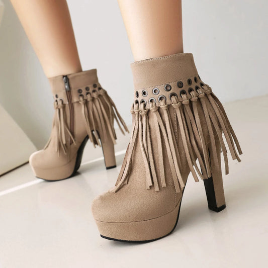 Frosted flock Material Ultra-High Slim Heel Waterproof Platform Tassel Short Boots Side Zipper Autumn Winter Women's Ankle Boots