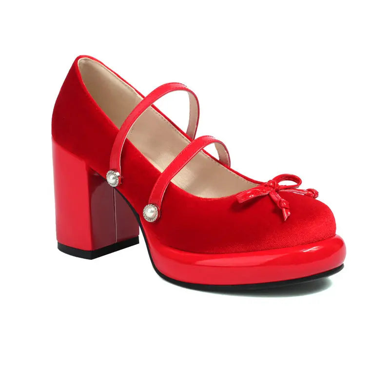 Velour Velvet Pink Red Round Toe Platform Women Mary Janes Shoes Double Buckle Strap Chunky Block High Heels Lady Lolita Pumps