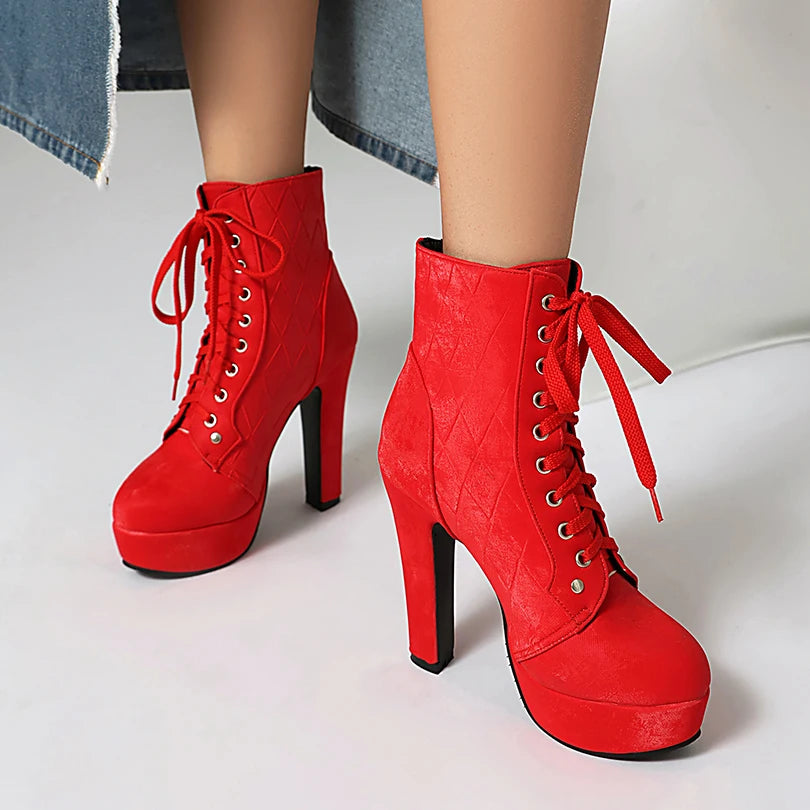 Diamond Checkerboard Pattern Double Row Metal Buckle Lace Up Short Boots Platform Ultra Thick Heel Rivet Sewing Plush Inner Boot