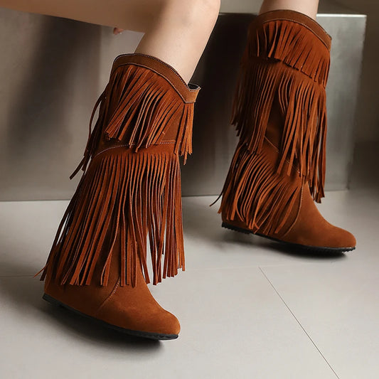 Plus Size Frosted Flock Material Tassel Flat Bottomed Sloping Heel With Increased breathe For Autumn Women's Mid-Calf Boots