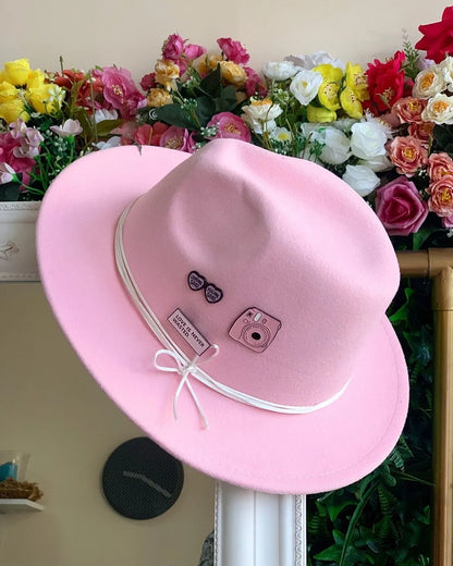 Cartoon Metal Patch Pink Fedora Hat