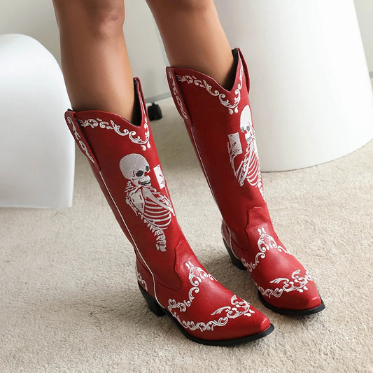 Plus Size Embroidered Skull Pattern Punk Style Women's Mid Boots Pointed Toe Chunky Heel Plush Embroidered Slip-On Boots