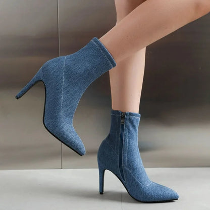 Autumn Sexy Stiletto Denim Ankle Boots Ladies 10cm High Heel Party Dark/light Blue Black Shoes for Women 2023 Plus Size 43 44 45