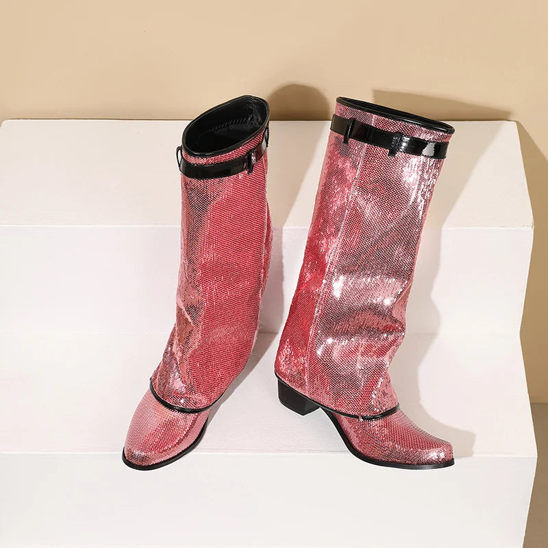 Flipped Zipper Metal Lock Glitter Round Illuminated Patch Fashion Show Boots Bling Bling Color Changing Knee High Boots