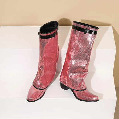 Flipped Zipper Metal Lock Glitter Round Illuminated Patch Fashion Show Boots Bling Bling Color Changing Knee High Boots