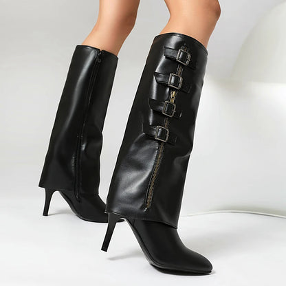 Plus Size Four Row Metal Belt Buckle Pointed Super High Thin Heel Sexy Knee High Boots Turned Over Edge Side Zipper Fashion Boot