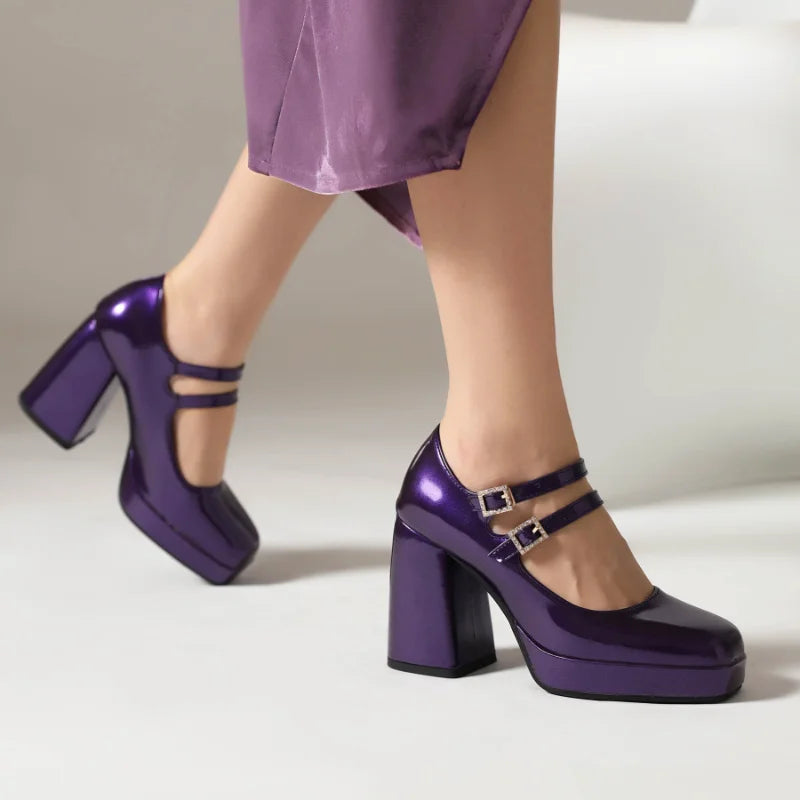 Fashion Purple Platform Pumps for Women Goth Thick Heeled Party Ladies Block High Heels Buckle Strap Mary Jane Shoes Woman 2023