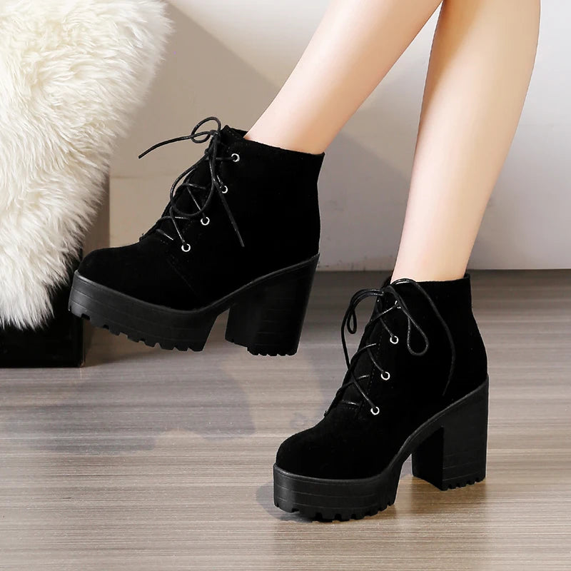 Frosted Suede High Waterproof Platform Classic Retro Short Boots Thick Plush Lining Winter New Lace Up Ankle Boots For Women