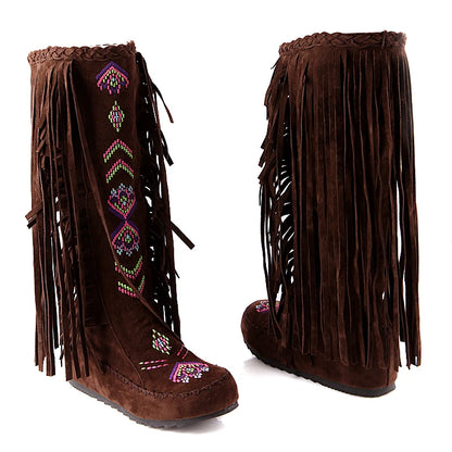 Plus Size Tassel Flock Embroidery Pattern Ethnic Style Women's Mid-Calf Boots Flat Bottom And Raised Plush Inner Lining Boots