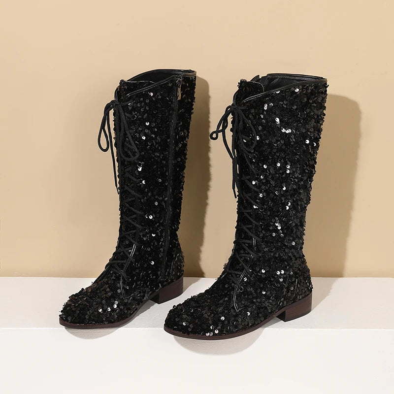 Circle Sparkling Sequin Material Novelty Women's Knee Length Boots Cross Lace Side Zipper Shiny Color Changing Unique Boots