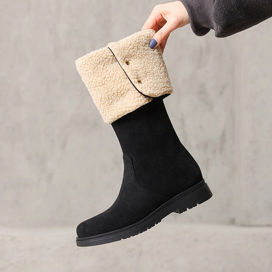 Matte Suede Upper Lamb Plush Lining Flanged Knee High Boots Flat Bottomed Sloping Heel Rivet Circular Metal Buckle Slip On Boots