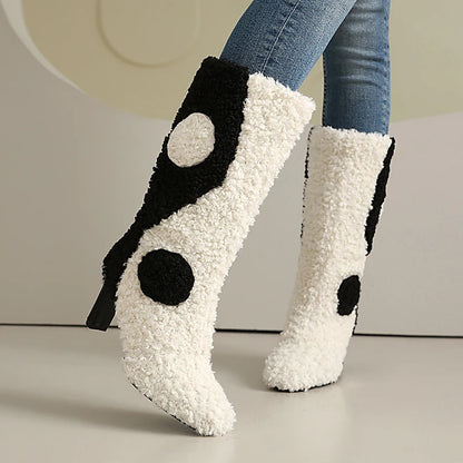 Plus Size Lamb Fur Color Blocked Circular Pattern Irregular Thick Heel Slip On Mid Length Boots Plush Lining Winter Snow Boots