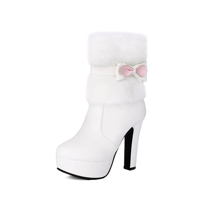 Fur Splicing PU Bow Side Zipper Winter Snow Boots Round Toe Platform Ultra-High Thick Heel Winter New Warm Mid-Calf Boots