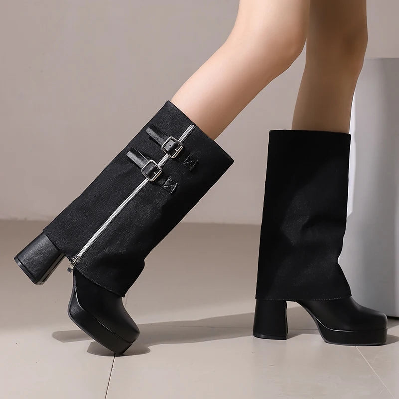 Plus Size Double Row Belt Buckle Zipper Denim Patchwork PU Fashion Mid–Calf Boots Ultra-High Thick Heels SLIP-ON Modern Boots