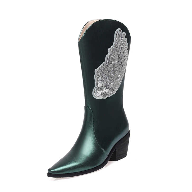 Plus Size Wing Pattern Sequin Cloth Decal Women's Mid Length Boots With Pointed Tapered Thick Heels Slip-On Metallic Boots