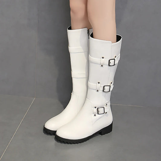 Plus Size Three Row Metal Belt Square Buckle Rivets Classic Retro Style Knight Boots Side Zipper Knee High Boots New Spring 2024