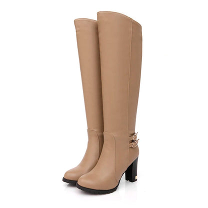 Plus Size Ultra-High Thick Heel Double Row Needle Buckle Side Zipper Knight Boots Warm Plush Lining Knee Boots For Winter Women