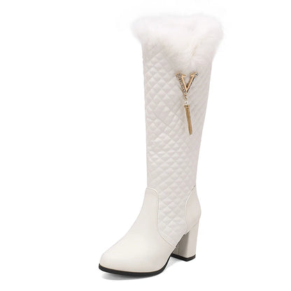 Plus Size Fur Raised Checker Pattern Women's Knee Length Boots Thick Heel Thick Plush Inner Metal Chain Pearl Snow Boots