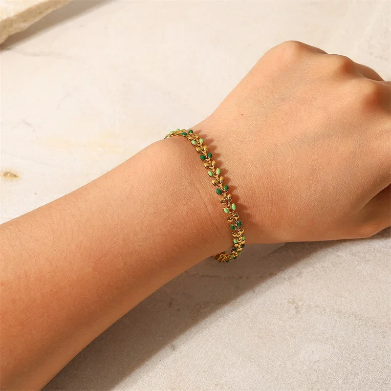 Stainless Steel Bracelet Green Dripping Olive Leaf Bracelet young energetic girl 18 K Metal Texture party anniversary gift