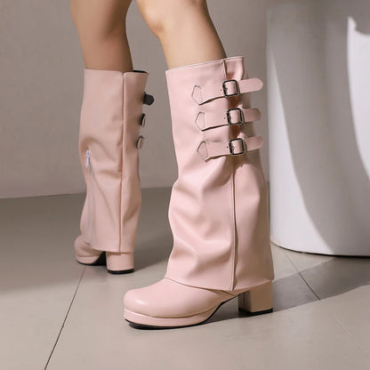 Plus Size Flipped Pu Side Zipper Decoration Round Toe Thick Heel Fashion Knee High Boots Autumn New Slip-On Women's Boots