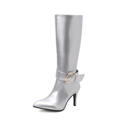 Plus Size Ankle Metal Belt Buckle Decorative Side Zipper Women's Knee Long Boots Pointed Tip Super High Heels Sexy Long Boots