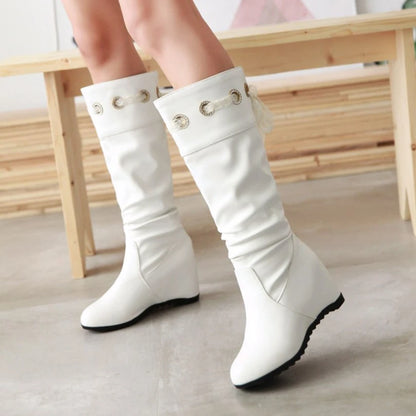 PU Material Slope Heel Boots With Lace Up Women's Knee High Boots Flat Bottom Wedges Elevated Office Boots 2024 Winter New