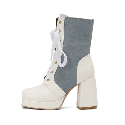 Oversized 46 47 White Blue Mixed Color Denim Shoes Women Cowboy Block High Heels Boot Lace-up Platform Ankle Goth Winter Boots