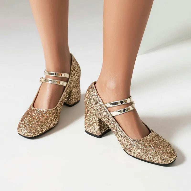 Sequin Gold Silver Glitter Women Square Chunky High Heeled Shoes Bling Party Wedding Woman Pumps Big Size 33-48 Mary Janes Heels